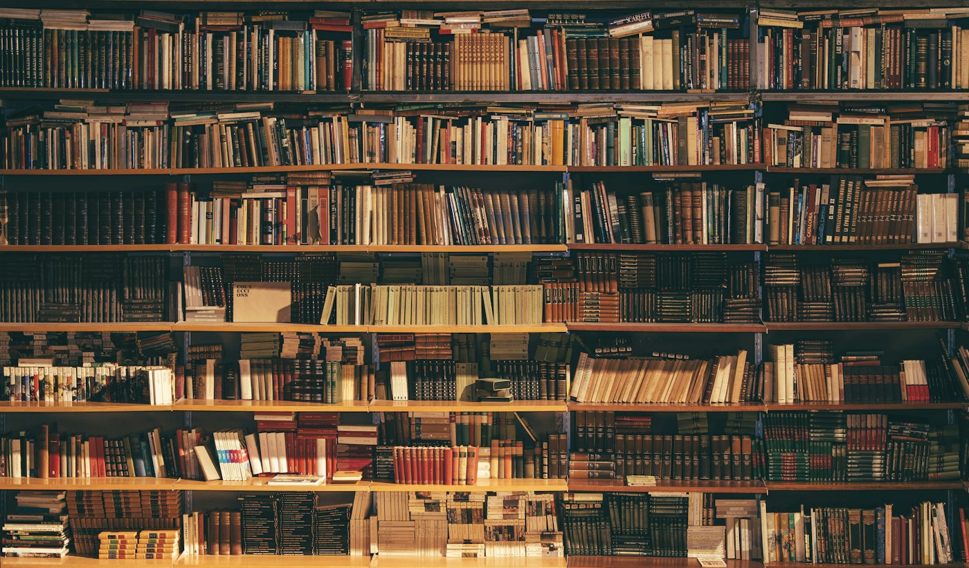 Floor-to-ceiling wooden shelves densely filled with books.